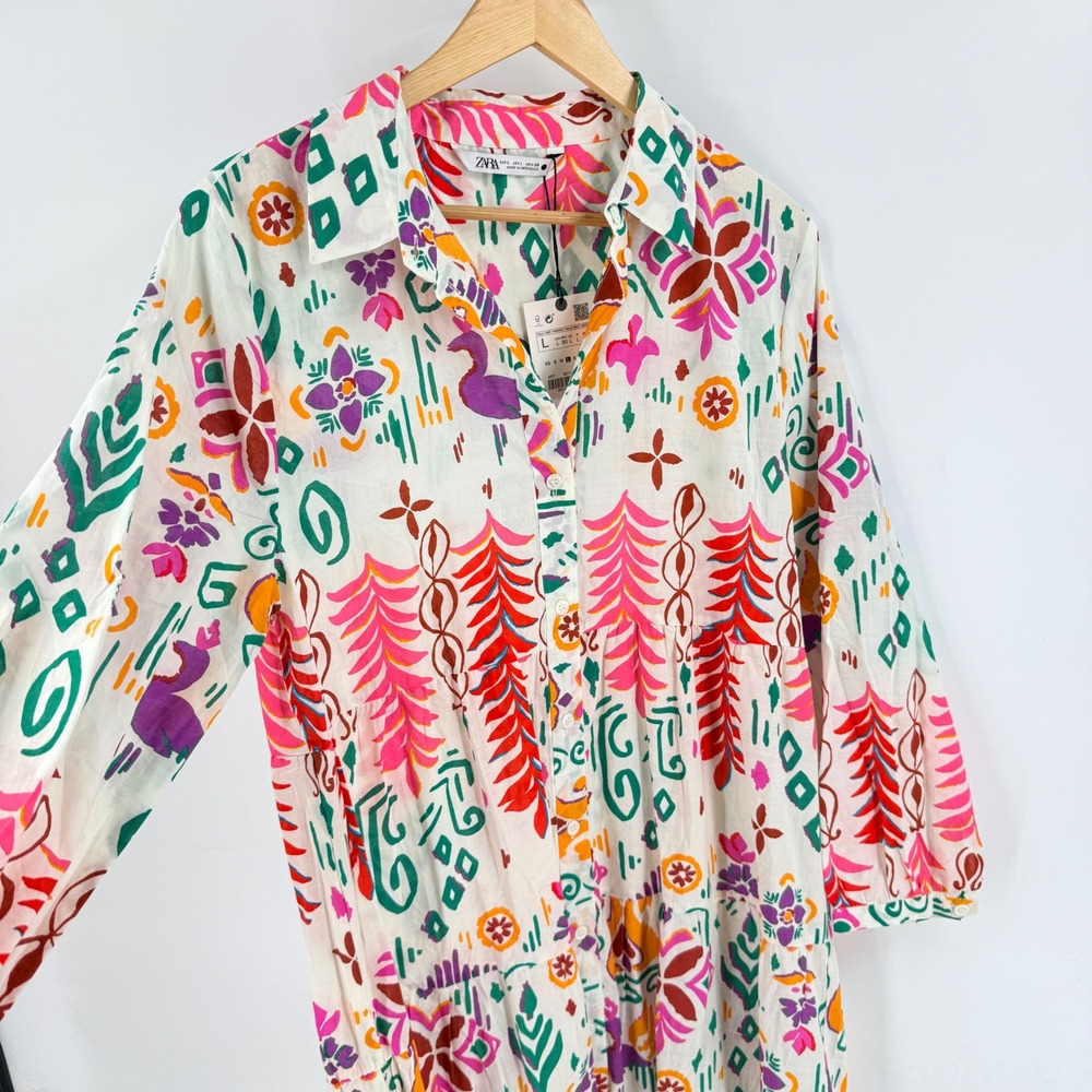 Zara NWT Floral Tropical Midi Dress Pink Large Summer Resortwear Boho Tiered - Picture 5 of 8